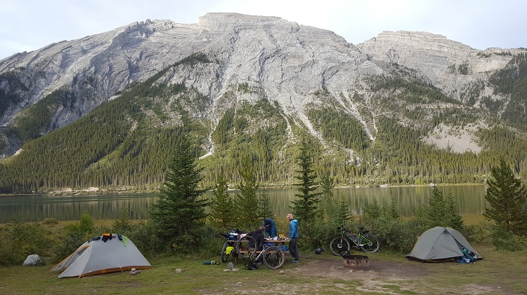 Sharing camp duties on the Great Divide Mountain Bike Route in Canada