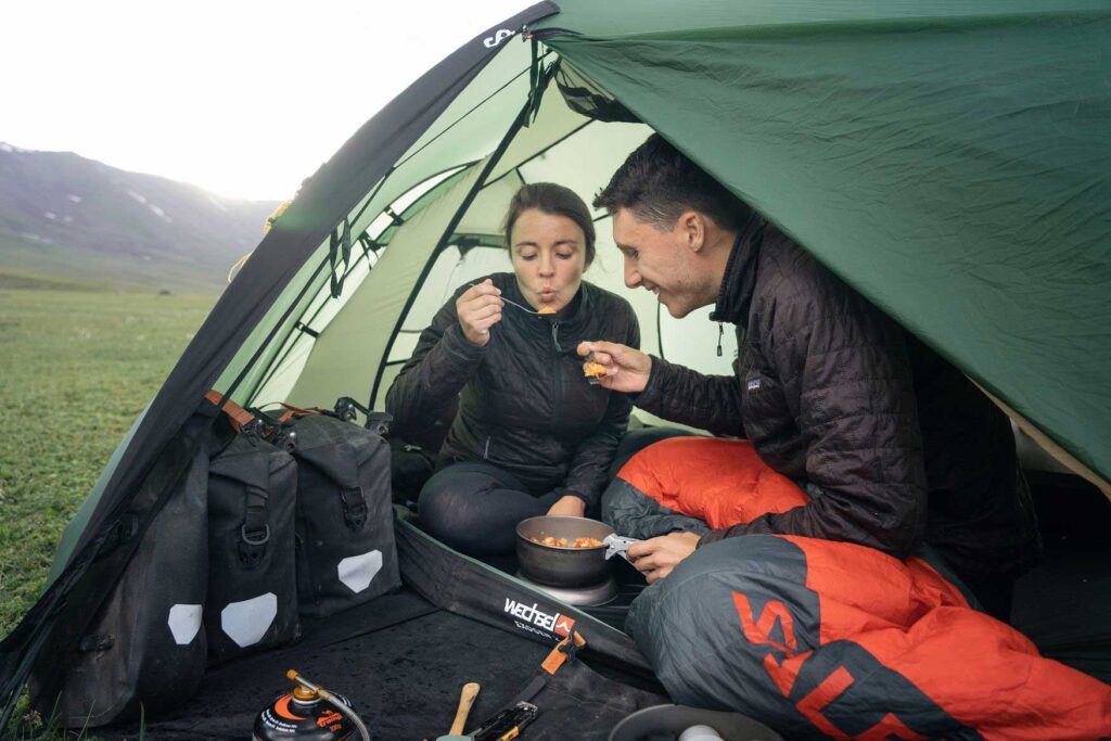 Eating food in a tent